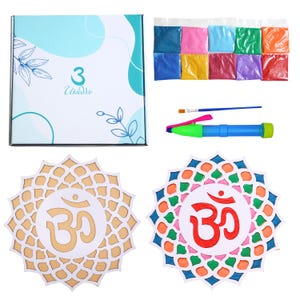 UtsaWe Rangoli Set, MDF Rangoli Mat, Reusable Rangoli, - Includes 2 rangolis (12 in wide), 10 Colors, Coloring Pen, and Brush -- Diwali Gift