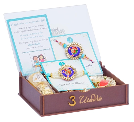 UtseWe Rakhi Gift Box | Gift Box Crafted In Wood With Beautiful Peacock RAKHI Inside | Rakhi Gift Set| Rakhi Gift Hamper| Perfect Rakhi Gift