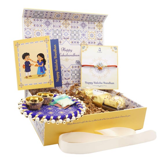 UtseWe Divine Rakhi Bracelet Gift Box for All Ages Includes Roli-Chawal, Thali, Card & Choco