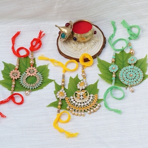 UtsaWe Rakhi | Fancy LUMBA RAKHI Crafted With Kundan Materials + Roli & Chaval | Rakhi set | Lumba Rakhi | Bhaiya Bhabhi Rakhi