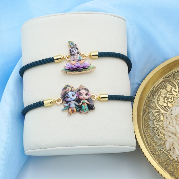 UtseWe Radha Krishna Rakhi Bracelet | Divine Radhe Shyam Rakhi | Includes Roli and Chawal