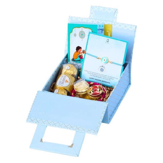 UtseWe Evil Eye Rakhi Gift Box with Pooja Thali, Chocolate & Card