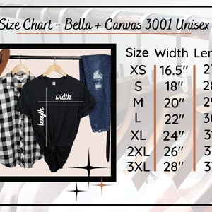 Pode incluir: Tabela de tamanhos para camisetas unissex Bella + Canvas 3001. A tabela mostra as medidas de largura e comprimento em polegadas para os tamanhos XS a 3XL.