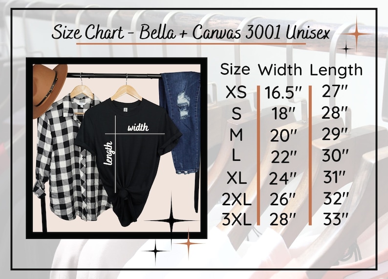 Pode incluir: Tabela de tamanhos para camisetas unissex Bella + Canvas 3001. A tabela mostra as medidas de largura e comprimento em polegadas para os tamanhos XS a 3XL.
