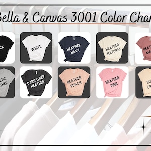 Pode incluir: Carta de cores para t-shirts Bella + Canvas 3001. A carta mostra 10 cores diferentes, incluindo preto, branco, azul marinho mesclado, natural mesclado, malva mesclado, cinza mesclado atl&eacute;tico, cinza escuro mesclado, p&ecirc;ssego mesclado, rosa mesclado e creme suave.