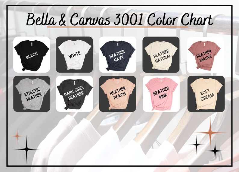 Pode incluir: Carta de cores para t-shirts Bella + Canvas 3001. A carta mostra 10 cores diferentes, incluindo preto, branco, azul marinho mesclado, natural mesclado, malva mesclado, cinza mesclado atl&eacute;tico, cinza escuro mesclado, p&ecirc;ssego mesclado, rosa mesclado e creme suave.