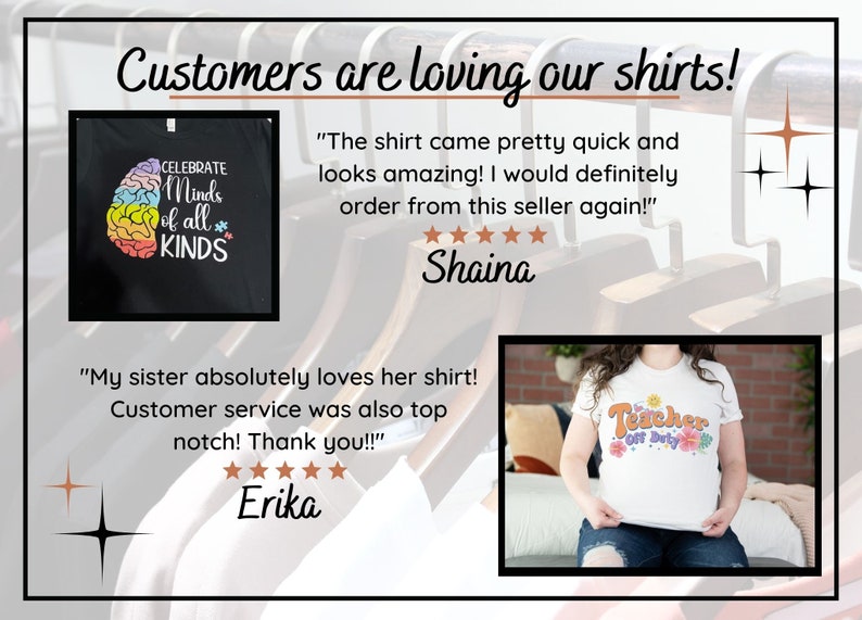 Pode incluir: Duas avalia&ccedil;&otilde;es de clientes para camisetas. A primeira avalia&ccedil;&atilde;o &eacute; para uma camiseta preta com um gr&aacute;fico de c&eacute;rebro arco-&iacute;ris e o texto "Celebrate Minds of all KINDS". A segunda avalia&ccedil;&atilde;o &eacute; para uma camiseta branca com o texto "Teacher Off Duty" e flores coloridas. Ambas as avalia&ccedil;&otilde;es incluem cinco estrelas.