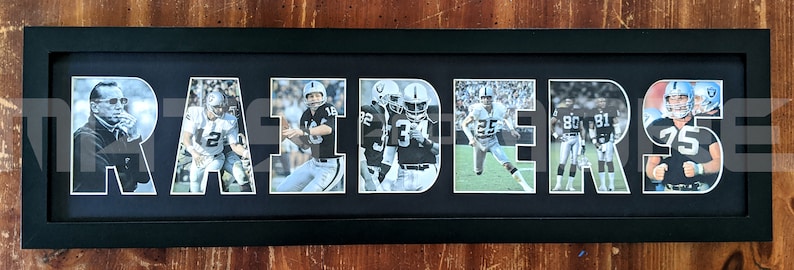 May include: A framed black and white photo collage of the word "RAIDERS" with images of football players and a coach.