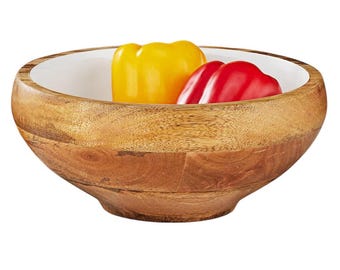 Mango wood with white enamel inlay footed bowl
