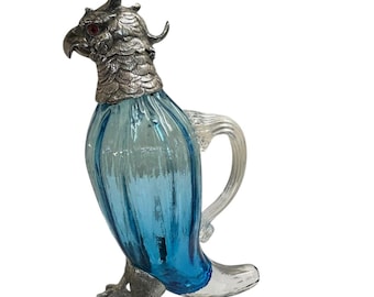Victorian Style Silver Plated Standing Parrot / Cockatoo Claret Jug with light blue Glass Body - Circa 1990