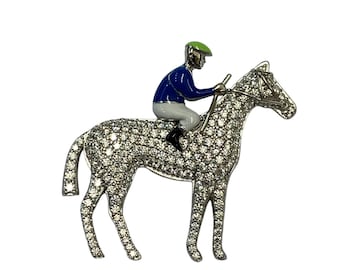 Sterling Silver Brooch with Enamel jockey on a pave cubic zirconia Horse