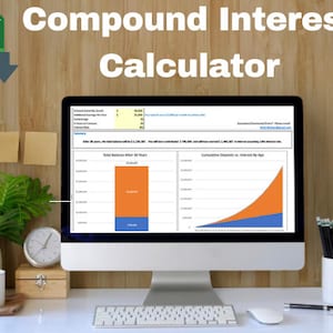 Può includere: Uno schermo di computer che mostra un calcolatore di interessi composti con un grafico che mostra la crescita di un investimento per 30 anni. Il grafico mostra il saldo totale dopo 30 anni e i depositi cumulativi rispetto agli interessi per età. Lo schermo è su una scrivania con una tazza di caffè, un orologio e un portapenne.