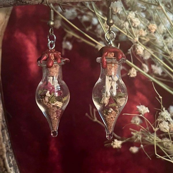 Glass Vial Bone Earrings with Wax Seal - Folk Magic and Witchcraft Jewelry