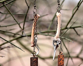 Prawdziwe kolczyki z kości rysia Tarot Witchcraft Pagan Goth Goblincore Raven Skull Kolczyki z prawdziwej biżuterii z kości