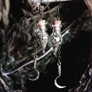 Herbalist Scythe Mugwort Herb Vial Earrings: Sterling Silver Sickle, Gothic Witchcraft Jewelry