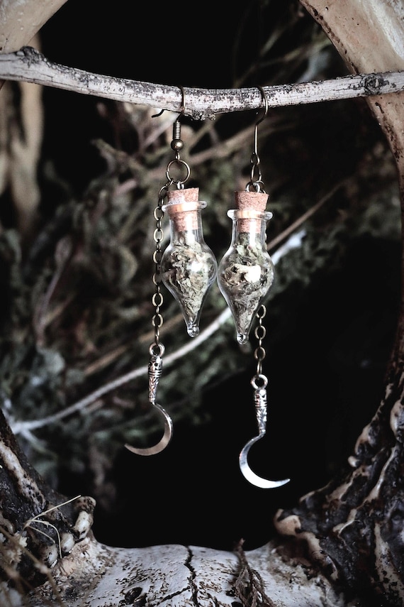 Herbalist Scythe Mugwort Herb Vial Earrings: Sterling Silver Sickle, Gothic Witchcraft Jewelry