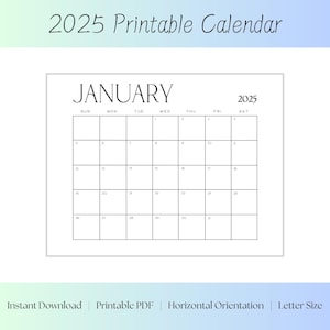 Printable Calendar 2025, Simple Printable Calendar, Minimalist Calendar 2025, Black and White Calendar, Monthly Calendar 2025, Letter Size