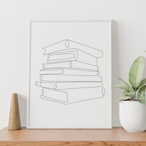 Dibujo de una sola línea de una pila de libros / Descarga digital IMPRIMIBLE / Arte moderno de una sola línea / Póster literario de libros / Decoración de lectura minimalista