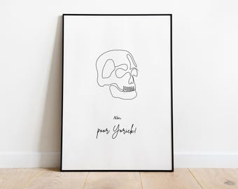Alas Poor Yorick Skull Line Drawing | PRINTABLE William Shakespeare Print | Hamlet Digital Art | Black and White | Easy DIY Library Poster