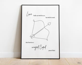 Cupid's Bow and Arrow Line Drawing | PRINTABLE Shakespeare Poster | Midsummer Night's Dream Digital Download | Love looks not with the eyes