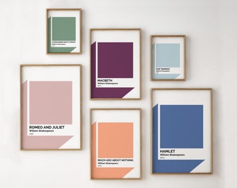 Shakespeare Set of Six Prints | Literary Paint Chip PRINTABLE Gallery Wall | Romeo Juliet, Much Ado, Hamlet | Class Display Digital Download