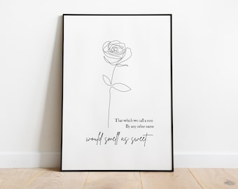 Romeo & Juliet Rose Line Drawing | PRINTABLE Shakespeare Contemporary Print | That which we call a rose | Famous Literary Quote Digital Art