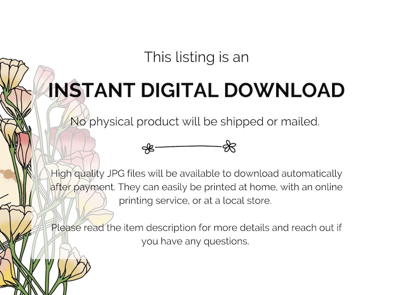 Puede incluir: Gr&aacute;fico de texto con borde floral, que dice "Esta lista es una DESCARGA DIGITAL INSTANT&Aacute;NEA. No se enviar&aacute; ning&uacute;n producto f&iacute;sico por correo."