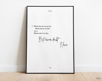 Arte minimalista con cita de Hamlet / Descarga digital de Shakespeare IMPRIMIBLE / Nunca dudes de que amo / Póster del libro romántico de Ofelia / Clase de teatro