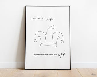 Fool's Cap Line Drawing | PRINTABLE As You Like It Contemporary Art | The fool doth think he is wise | Shakespeare Jester Hat Print