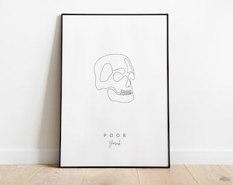 Dibujo lineal del pobre Yorick / Póster contemporáneo imprimible de Shakespeare / Descarga digital de Hamlet / Boceto de calavera / Póster literario sutil
