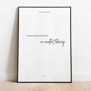 Pride and Prejudice Quote Print | PRINTABLE Jane Austen Digital Download | An excellent library | Minimalist Bookish Art | Gift for Reader