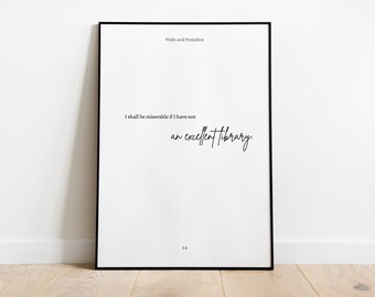 Stolthet och fördom citattryck | UTSKRIVBAR Jane Austen digital nedladdning | Ett utmärkt bibliotek | Minimalistisk bokkonst | Gåva till läsaren