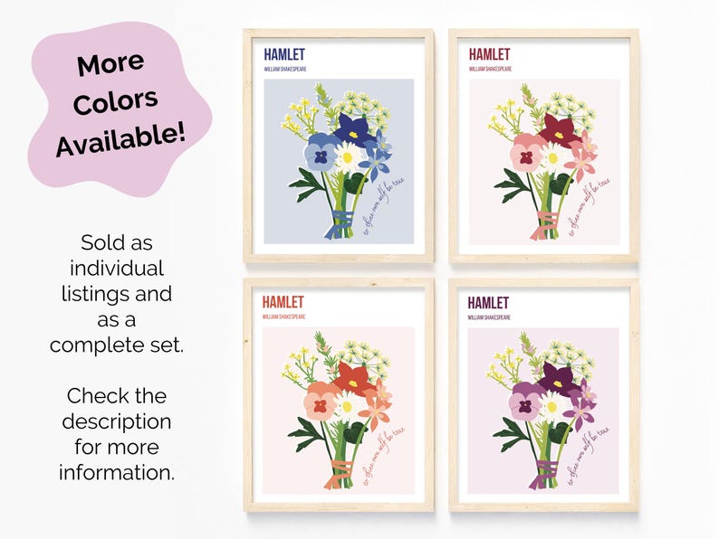 Póster del ramo de flores de Ofelia / Azul / Obra de arte dibujada a mano de Hamlet / Descarga digital IMPRIMIBLE de Shakespeare / Sé fiel a ti mismo imagen 5