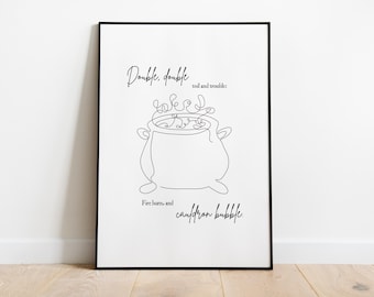 Three Witches Cauldron Line Drawing | PRINTABLE Shakespeare Simple Art | Macbeth Digital Print | Weird Sisters Double Toil and Trouble