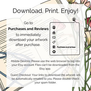 Puede incluir: Ilustraci&oacute;n de un libro abierto con el texto "Descargar. Imprimir. &iexcl;Disfruta!" y "Ve a Compras y Rese&ntilde;as para descargar inmediatamente tu obra de arte despu&eacute;s de la compra." La ilustraci&oacute;n tambi&eacute;n incluye un ramo de flores estilizado y unas gafas.