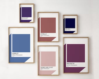 May include: A set of six framed prints featuring different colors and the titles of Shakespearean plays: Hamlet, Julius Caesar, Othello, Romeo and Juliet, King Lear, and Macbeth.