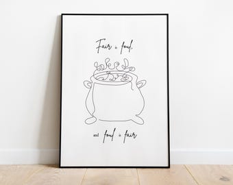 Weird Sisters Cauldron Single-Line Drawing | PRINTABLE William Shakespeare Poster | Macbeth Digital Download | Three Witches Fair is Foul