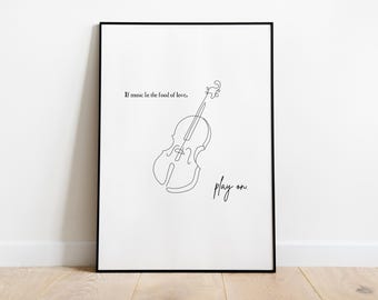 Shakespeare Violin Line Drawing | PRINTABLE Twelfth Night Poster | "If music be the fool of love, play on" | Fiddle Art Digital Download
