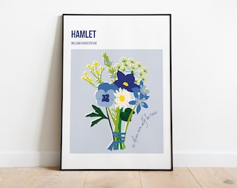 Ophelia’s Flowers Bouquet Poster | Blue | Hamlet Hand-drawn Artwork | PRINTABLE Shakespeare Digital Download | To thine own self be true