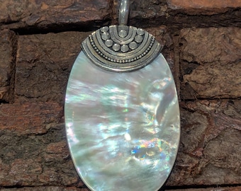 Vintage Bali Style Sterling Silver and Mother of Pearl Shell Pendant