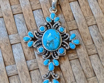 Amazing Ornate Sterling Silver and Turquoise Cross Pendant and Necklace