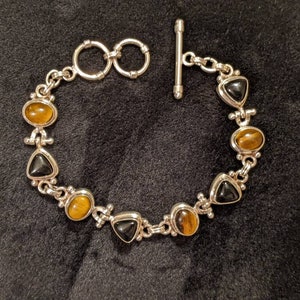 Vintage Sterling Silver Onyx and Tiger&#39;s Eye Link Toggle Bracelet