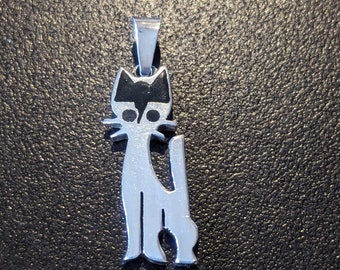 Vintage Sterling Silver Onyx Inlay Cat Pendant