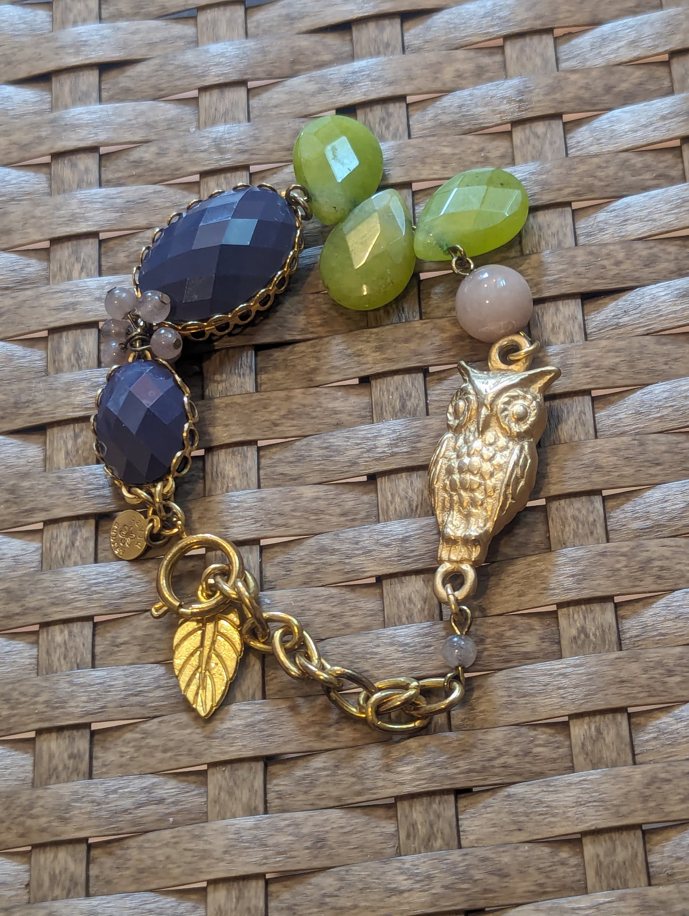 Designer David Aubrey Owl and Gemstone Adjustable Statement Bracelet