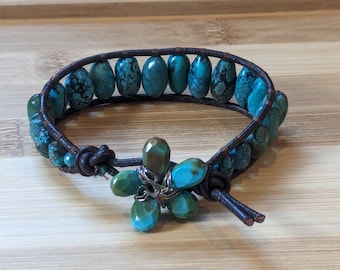 Leather and Turquoise Flower Bracelet