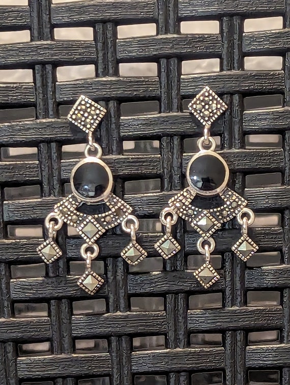 Vintage Art Deco Style Onyx Marcasite Sterling Sil