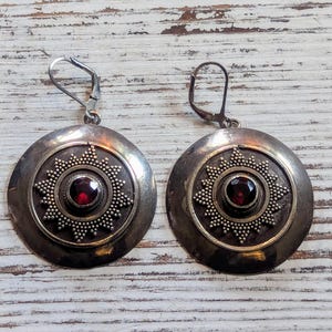 Vintage Bali Style Sterling Silver and Garnet Leverback Drop Earrings, Large but Lightweight