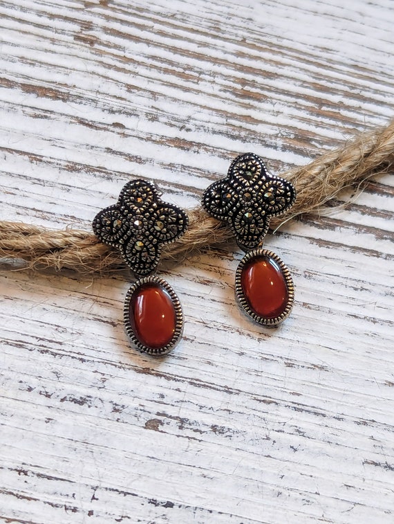 Vintage Sterling Silver Marcasite and Carnelian Ea