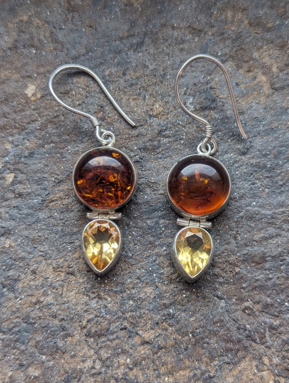 Vintage Sterling Silver Amber and Citrine Hinged E