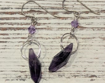 Natural Amethyst Purple Crystal and Sterling Silver Earrings